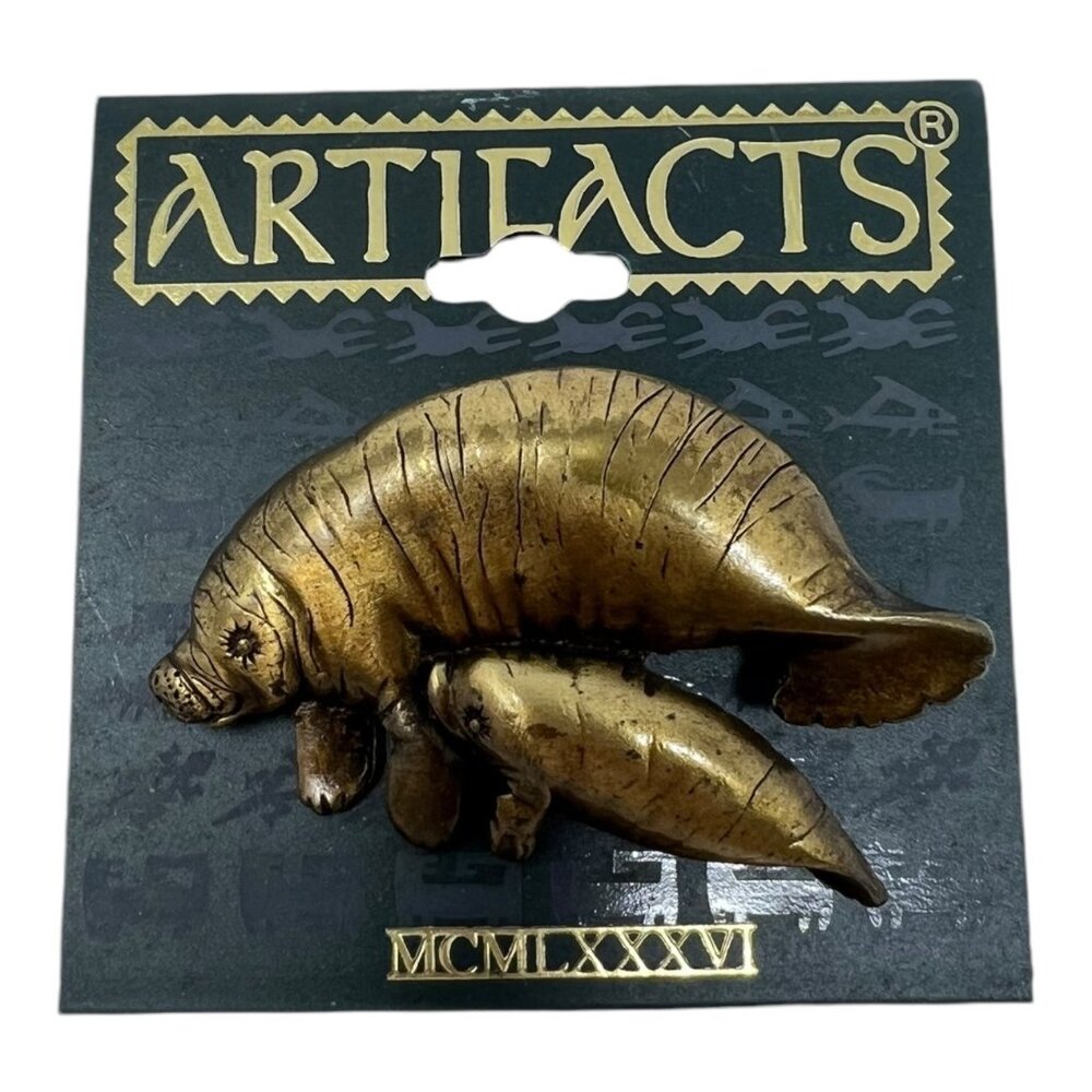 JJ Artifacts Manatee Mommy Baby Brooch Pin Gold Tone Metal 1986 Vintage